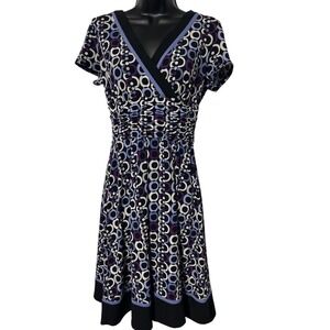 Sandra‎ Darren Womens Dress 10P Purple Black White Mod Circle Print Short Sleeve